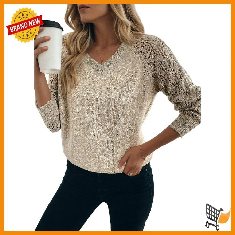 Lightweight Crochet Sweater V-Neck Loose Fit Polyester Fall Winter